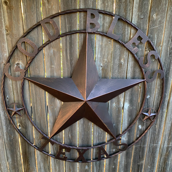 #EH10197 GOD BLESS TEXAS BARN STAR METAL LONESTAR TWISTED ROPE RING WESTERN HOME DECOR HANDMADE NEW