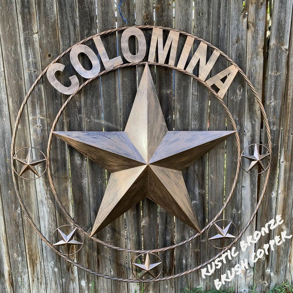 COLOMINA STYLE YOUR CUSTOM NAME BARN STAR BRONZE BRUSH COPPER METAL STAR 3d TWISTED ROPE RING COLOMINA WESTERN HOME DECOR RUSTIC VINTAGE HANDMADE 24",32",36",40",42",44",46",50"