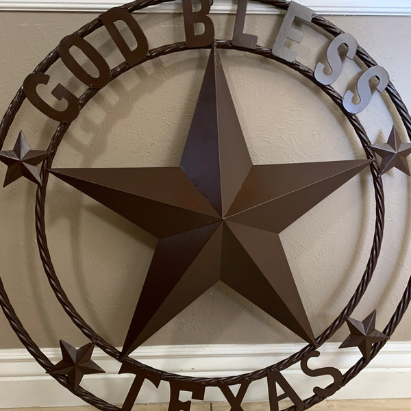 #EH11085 GOD BLESS TEXAS BROWN BARN STAR METAL LONE STAR TWISTED ROPE RING WESTERN HOME DECOR HANDMADE NEW
