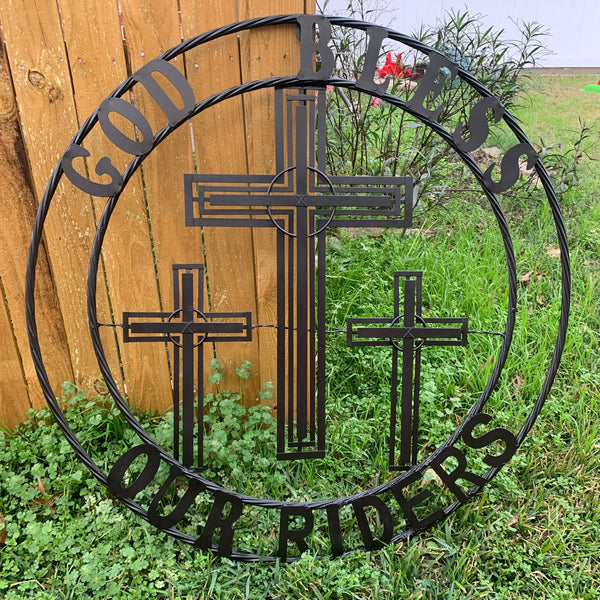 40"GOD BLESS OUR RIDERS CRUCIFIX BLACK CROSS METAL WALL ART HANDMADE
