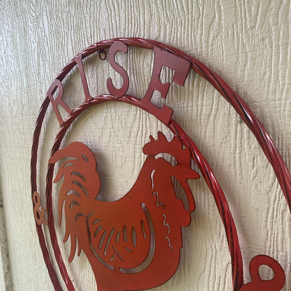 #SI_B9504 RISE & SHINE 24" RED ROOSTER CHICKEN METAL SIGN WESTERN HOME DECOR HANDMADE NEW