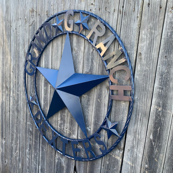 GRAND G RANCH STYLE CUSTOM NAME STAR RUSTIC NAVY BLUE METAL BARN STAR ROPE RING WESTERN HOME DECOR HANDMADE