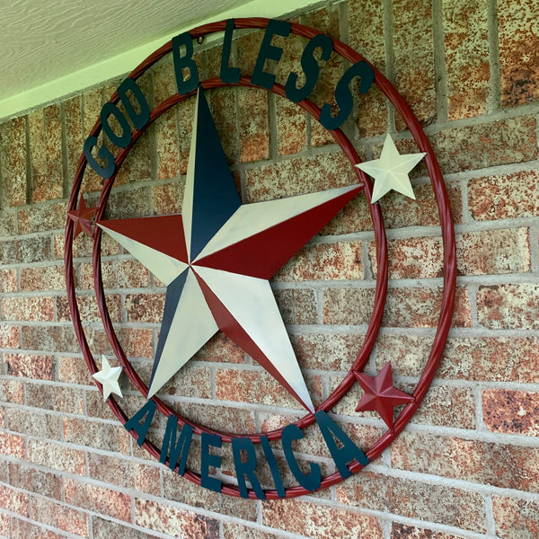 #EH10489 GOD BLESS AMERICA USA FLAG BARN STAR METAL RED WHITE BLUE WESTER HOME DECOR HANDMADE NEW