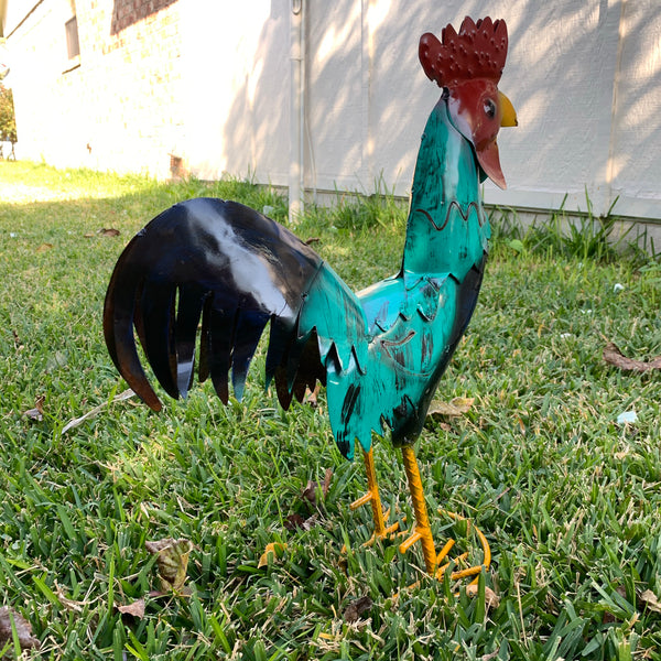 #34-041 RUSTIC TURQUOISE ROOSTER 20",30",40" CHICKEN GARDEN ANIMAL SCULPTURE METAL DECOR ORNAMENT HANDMADE