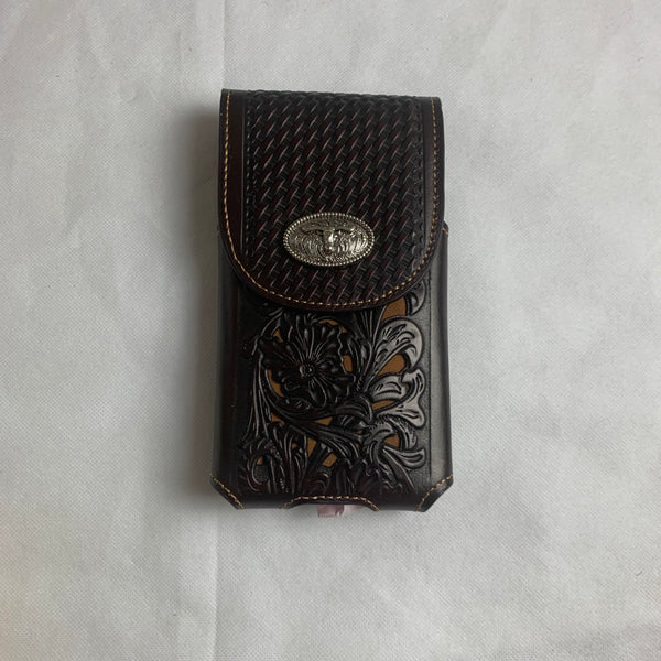 #LG2002 7.5" LONGHORN COFFEE BROWN & BEIGE  LEATHER POUCH EXTRA LARGE  BELT LOOP HOLSTER CELL PHONE CASE UNIVERSAL OVERSIZE
