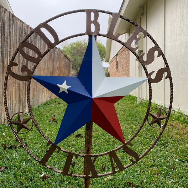 GOD BLESS TEXAS RED WHITE BLUE BARN METAL STAR BRONZE TWISTED ROPE RING WALL ART WESTERN HOME DECOR HANDMADE