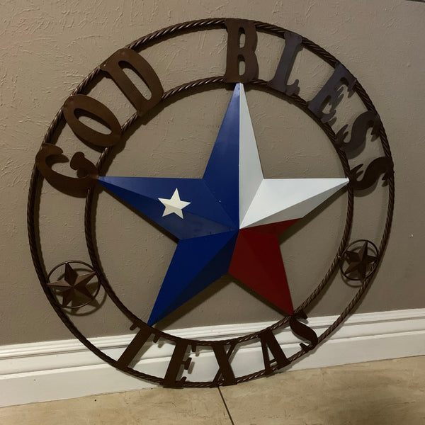 GOD BLESS TEXAS RED WHITE BLUE BARN METAL STAR BRONZE TWISTED ROPE RING WALL ART WESTERN HOME DECOR HANDMADE