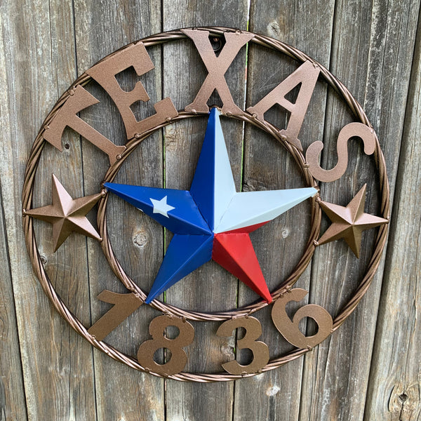 16" TEXAS 1836 RED WHITE BLUE TEXAS FLAG STAR BRONZE RING METAL BARN STAR WESTERN HOME DECOR HANDMADE NEW ART