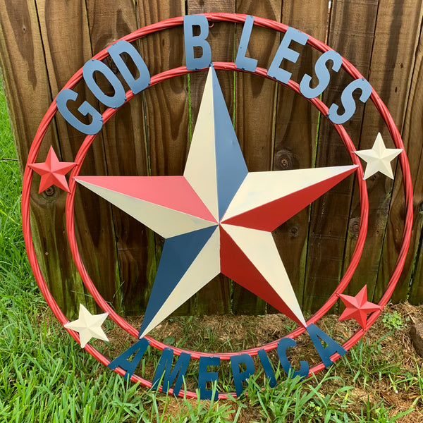 #EH10489 GOD BLESS AMERICA USA FLAG BARN STAR METAL RED WHITE BLUE WESTER HOME DECOR HANDMADE NEW