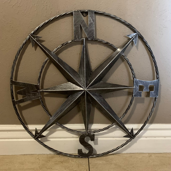 #SI_B8235 COMPASS 24" GREY METAL SIGN WESTERN HOME DECOR HANDMADE NEW