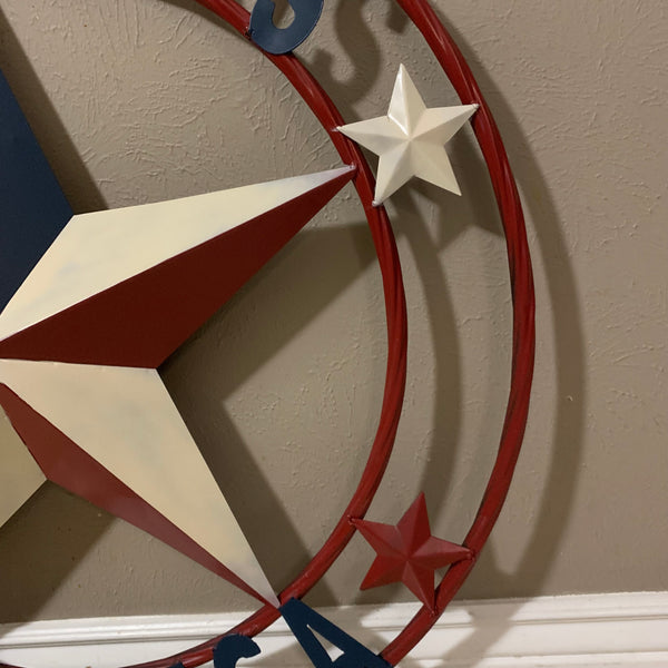 #EH10489 GOD BLESS AMERICA USA FLAG BARN STAR METAL RED WHITE BLUE WESTER HOME DECOR HANDMADE NEW