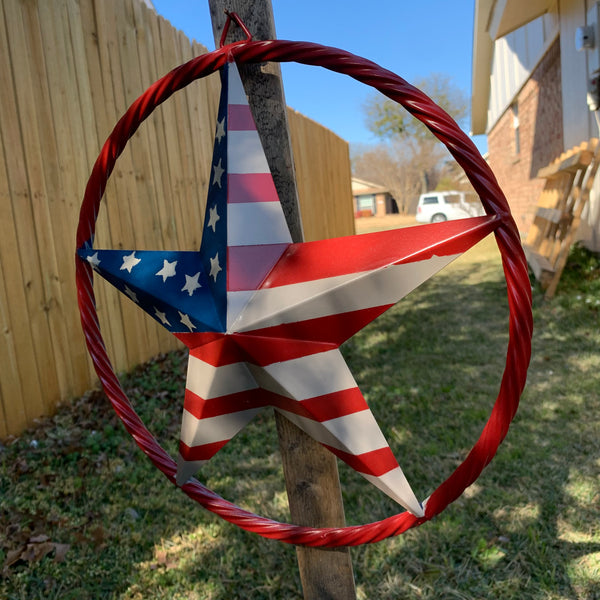 AMERICAN Flag USA Metal Barn Star RED , BEIGE, NAVY BLUE WITH RED Rope Ring Western Home Decor Handmade 12",16",24",30",34",36",40",48"