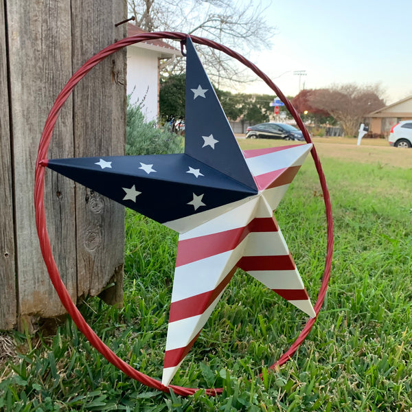 AMERICAN Flag USA Metal Barn Star RED, WHITE & BLUE WITH RED Rope Ring Western Home Decor Handmade 12",16",24",30",34",36",40",48"