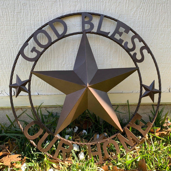 #EH11021 GOD BLESS OUR HOME BARN METAL STAR TWISTED ROPE RING WESTERN HOME DECOR HANDMADE NEW