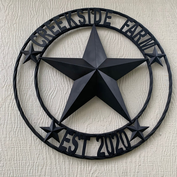 CREEKSIDE FARM STYLE YOUR CUSTOM NAME BARN BLACK STAR 3d WITH TWISTED ROPE RING DESIGN METAL WALL ART WESTERN HOME DECOR NEW HANDMADE, 24", 32", 36", 40", 44", 46", 50"