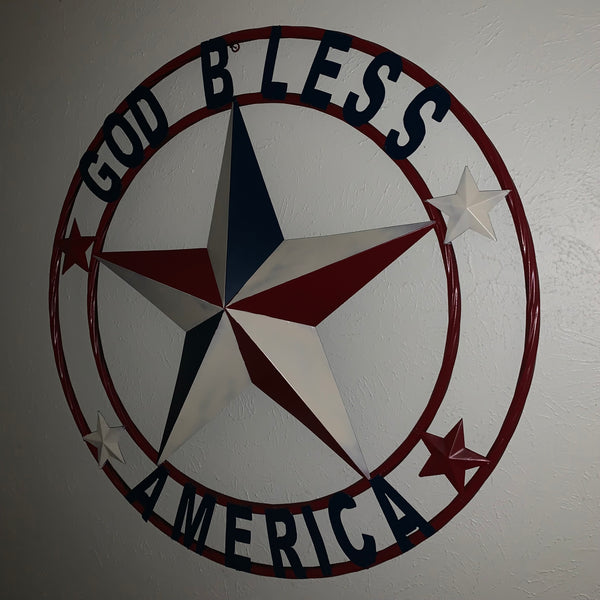 #EH10489 GOD BLESS AMERICA USA FLAG BARN STAR METAL RED WHITE BLUE WESTER HOME DECOR HANDMADE NEW