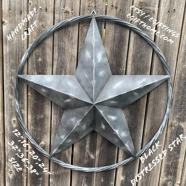 RUSTIC BLACK DISTRESSED TWO TONE BARN LONE STAR ROPE RING METAL WALL ART WESTERN HOME DECOR HANDMADE