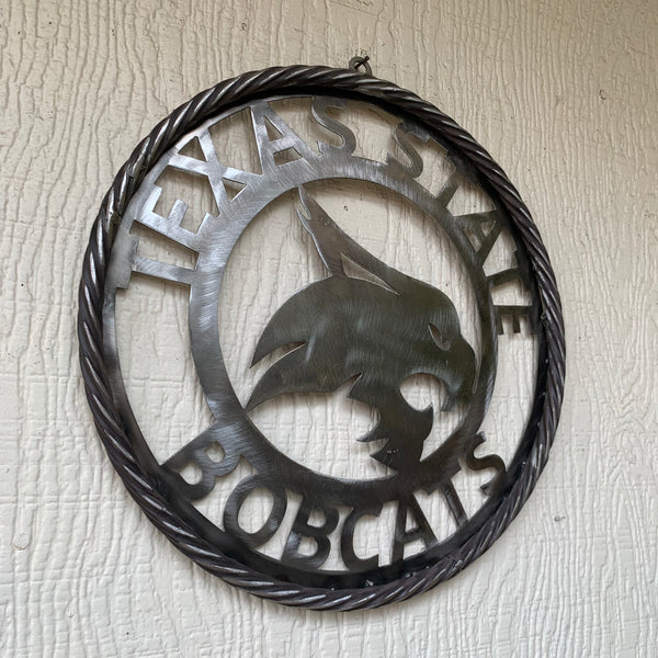 12" TEXAS STATE BOBCATS CUSTOM RAW METAL VINTAGE CRAFT SIGN TEAM ART HANDMADE IN TEXAS