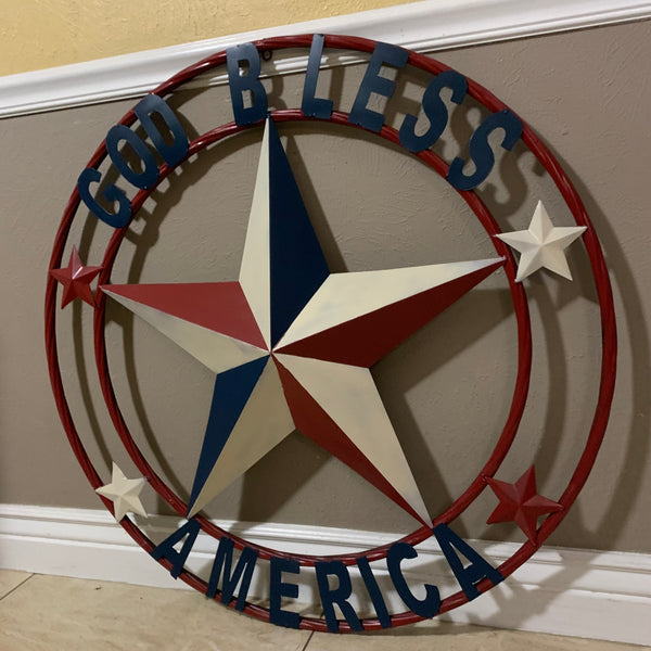 #EH10489 GOD BLESS AMERICA USA FLAG BARN STAR METAL RED WHITE BLUE WESTER HOME DECOR HANDMADE NEW