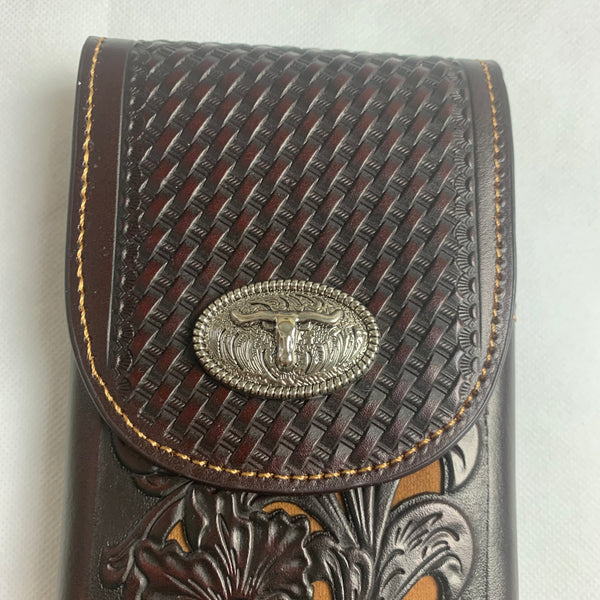 #LG2002 7.5" LONGHORN COFFEE BROWN & BEIGE  LEATHER POUCH EXTRA LARGE  BELT LOOP HOLSTER CELL PHONE CASE UNIVERSAL OVERSIZE