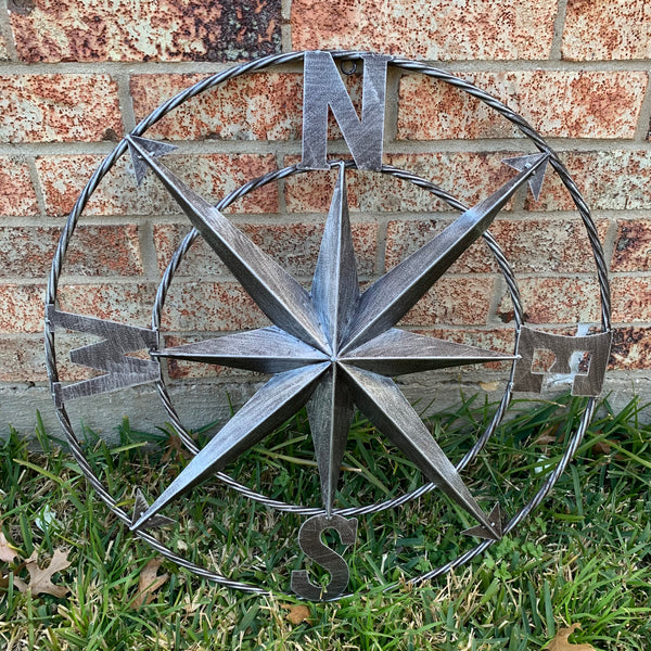 #SI_B8235 COMPASS 24" GREY METAL SIGN WESTERN HOME DECOR HANDMADE NEW