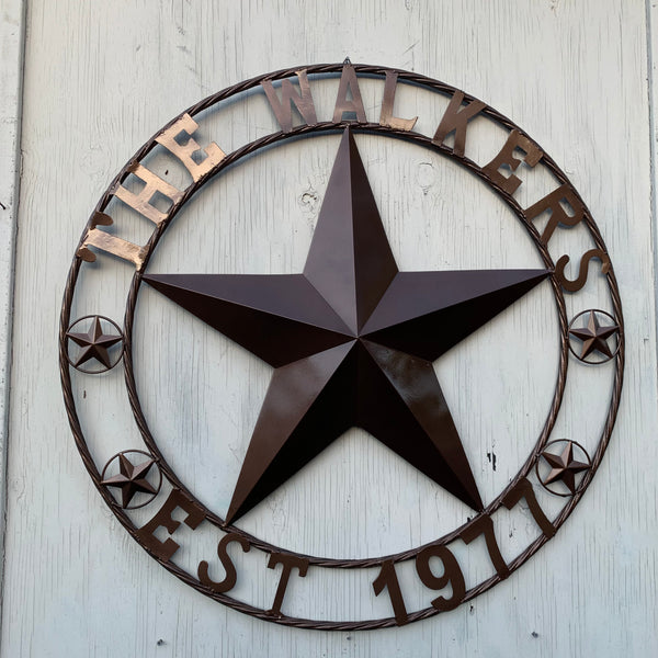 THE WALKERS STYLE YOUR CUSTOM FAMILY NAME STAR METAL BARN STAR ROPE RING WESTERN HOME DECOR VINTAGE RUSTIC BRONZE NEW HANDMADE 24",32",34",36",40",42",44",46",50"