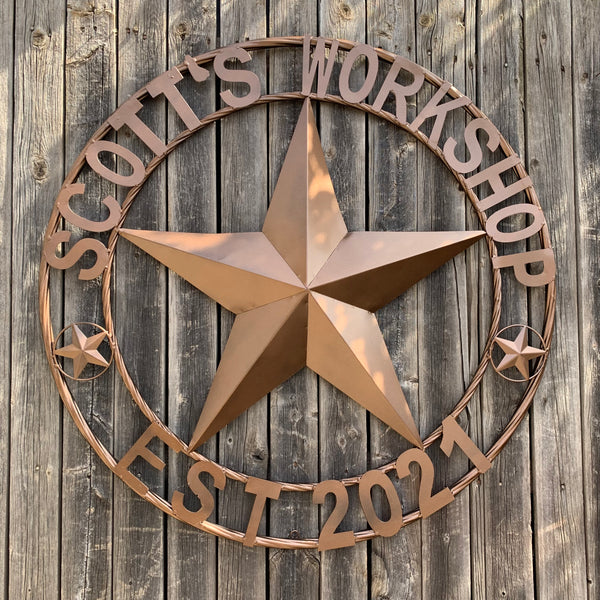 YOUR CUSTOM WORKSHOP NAME STAR METAL BARN STAR ROPE RING WESTERN HOME DECOR VINTAGE RUSTIC BROWN NEW HANDMADE 24",32",36",40",42",44",46",50"