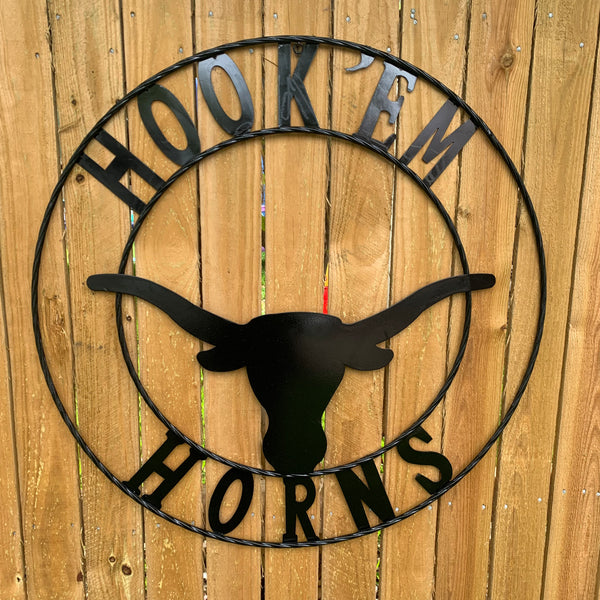 HOOKEM HORNS GLOSSY BLACK TEXAS LONGHORNS HOOK EM METAL CUSTOM VINTAGE CRAFT WALL ART TEAM SIGN HANDMADE