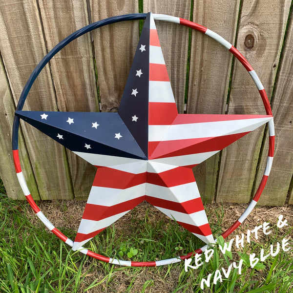 AMERICAN USA FLAG STAR METAL Barn Rope RING WITH RED WHT & NAVY BLUE STAR & RING Western Handmade 12",16",24",32"36",38",40",48"
