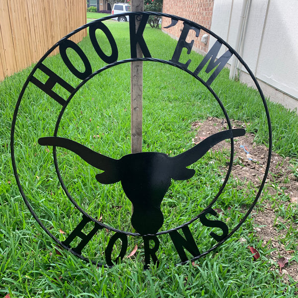 HOOKEM HORNS GLOSSY BLACK TEXAS LONGHORNS HOOK EM METAL CUSTOM VINTAGE CRAFT WALL ART TEAM SIGN HANDMADE