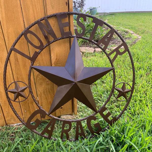 LONESTAR GARAGE STYLE CUSTOM BARN NAME STAR LONESTAR GARAGE METAL NAME BARN STAR WITH TWISTED ROPE RING 3d STAR ART WESTERN HOME DECOR RUSTIC BROWN