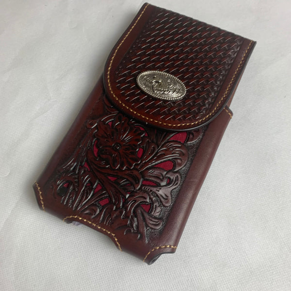 #LG2004  7.5" HORSE COFFEE BROWN & RED LEATHER POUCH EXTRA LARGE  BELT LOOP HOLSTER CELL PHONE CASE UNIVERSAL OVERSIZE