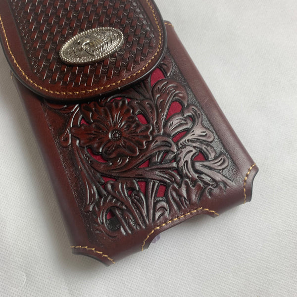 #LG2004  7.5" HORSE COFFEE BROWN & RED LEATHER POUCH EXTRA LARGE  BELT LOOP HOLSTER CELL PHONE CASE UNIVERSAL OVERSIZE