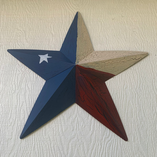 CRACKLE STYLE RED BEIGE & BLUE METAL BARN STAR METAL WALL ART WESTERN HOME DECOR RUSTIC NEW