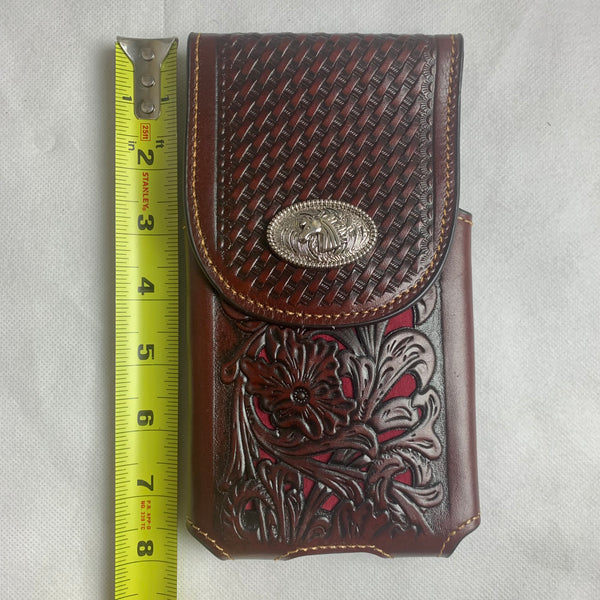 #LG2004  7.5" HORSE COFFEE BROWN & RED LEATHER POUCH EXTRA LARGE  BELT LOOP HOLSTER CELL PHONE CASE UNIVERSAL OVERSIZE