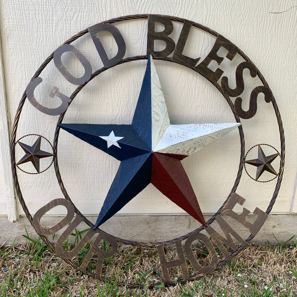 24", 32", 40" GOD BLESS OUR HOME LICENSE PLATE BARN METAL STAR ROPE RING WALL ART WESTERN HOME DECOR RED WHITE & BLUE