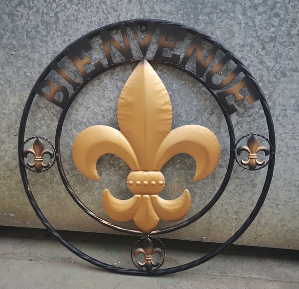 BIENVENUE FLEUR DE LIS METAL WALL ART WESTERN HOME DECOR RUSTIC GOLD & BLACK NEW--FREE SHIPPING