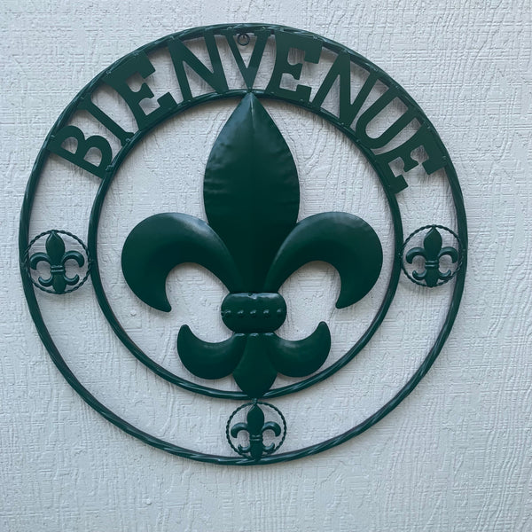 24", 32" GLOSSY HUNTER GREEN FLEUR DE LIS BIENVENUE METAL WALL ART WESTERN HOME DECOR