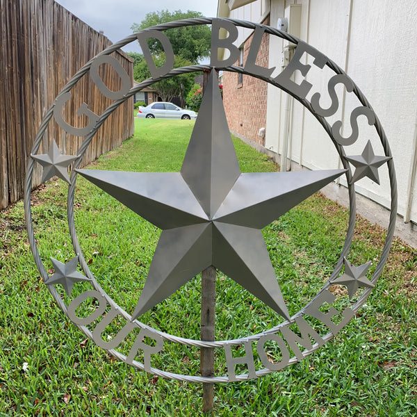 36" GOD BLESS OUR HOME RUSTIC BEIGE BARN METAL STAR ROPE RING WALL ART WESTERN HOME DECOR--FREE SHIPPING