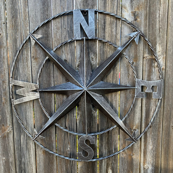 #SI_B8235 COMPASS 24" GREY METAL SIGN WESTERN HOME DECOR HANDMADE NEW
