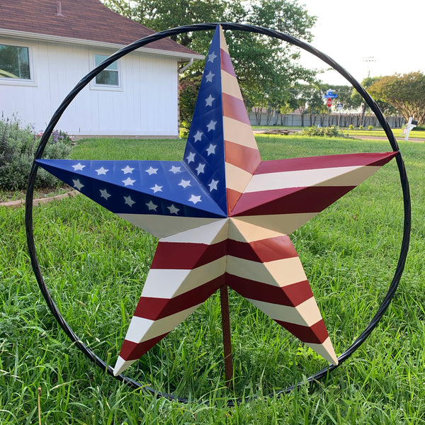AMERICAN Flag USA Metal Barn Star RED WHITE & BLUE with Black Rope Ring Western Home Decor Handmade 12",16",24",30",34",36",40",48"