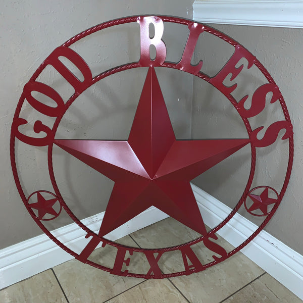 24",32",40",50" BURGUNDY RED GOD BLESS TEXAS BARN STAR ROPE RING METAL WALL ART WESTERN HOME DECOR NEW