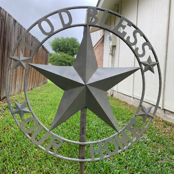 36" GOD BLESS OUR HOME RUSTIC BEIGE BARN METAL STAR ROPE RING WALL ART WESTERN HOME DECOR--FREE SHIPPING