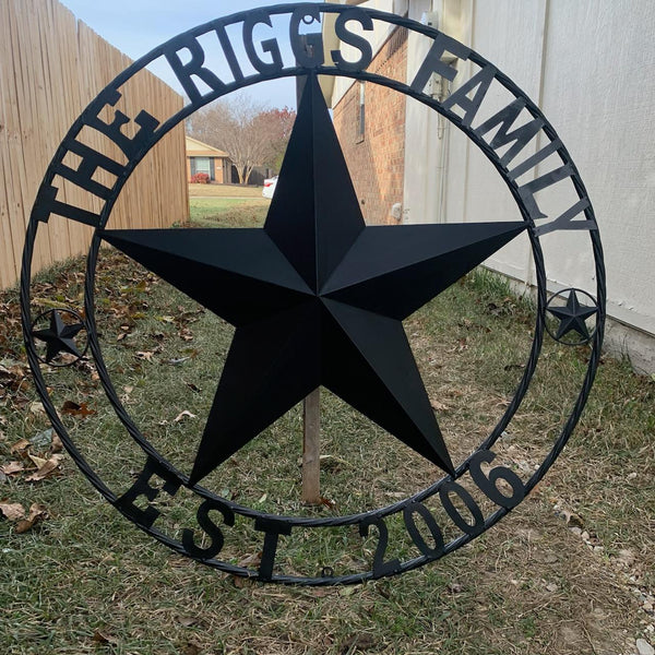 RIGGS FAMILY STYLE YOUR CUSTOM FAMILY NAME STAR METAL BARN STAR ROPE RING WESTERN HOME DECOR VINTAGE RUSTIC BLACK NEW HANDMADE 24",32",34",36",40",42",44",46",50"