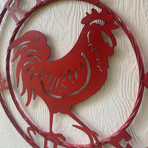 #SI_B9504 RISE & SHINE 24" RED ROOSTER CHICKEN METAL SIGN WESTERN HOME DECOR HANDMADE NEW