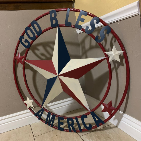 #EH10489 GOD BLESS AMERICA USA FLAG BARN STAR METAL RED WHITE BLUE WESTER HOME DECOR HANDMADE NEW