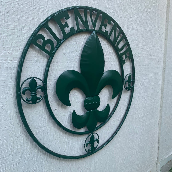 24", 32" GLOSSY HUNTER GREEN FLEUR DE LIS BIENVENUE METAL WALL ART WESTERN HOME DECOR