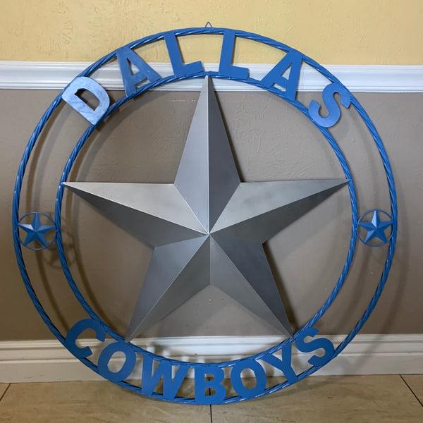 DALLAS COWBOYS SILVER & LIGHT BLUE BARN STAR CUSTOM VINTAGE METAL LONE STAR ART WESTERN HOME DECOR SIZE:24",32",36",40",42",44",46",50"