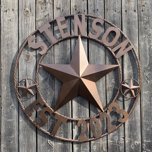 STENSON STYLE YOUR CUSTOM STAR NAME BARN METAL STAR 3d TWISTED ROPE RING WESTERN HOME DECOR RUSTIC BRONZE COPPER NEW HANDMADE 24",32",34",36",40",42",44",46",50"