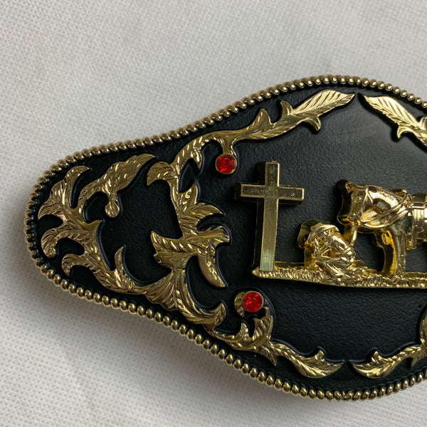 6.5" X 3.5" COWBOY PRAYER CHURCH RHINESTONE BELT BUCKLE BLACK & GOLD WESTERN BUCKLE FASHION ART NEW #EH12272